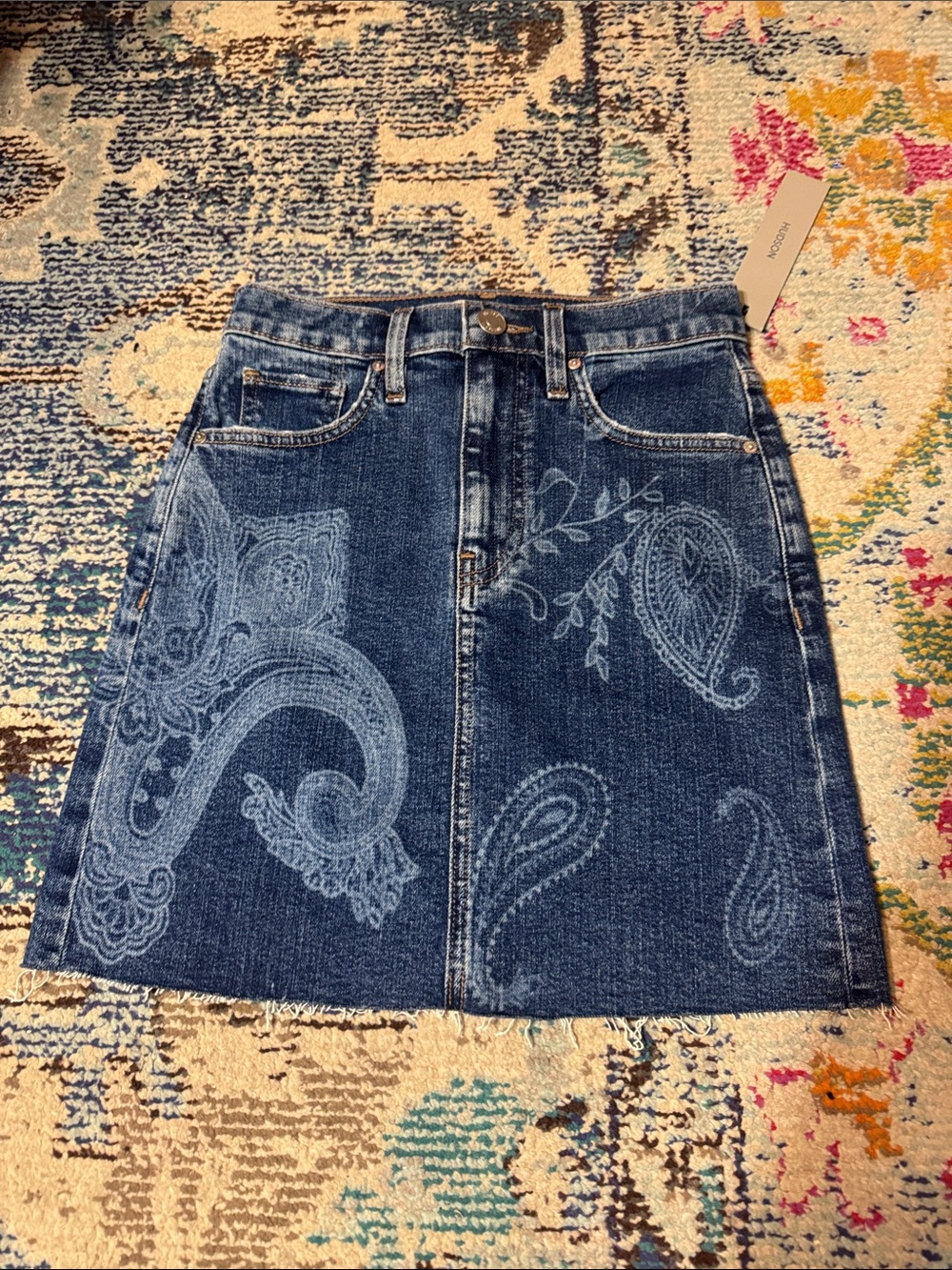 Dark Blue Paisley A-Line Denim Skirt